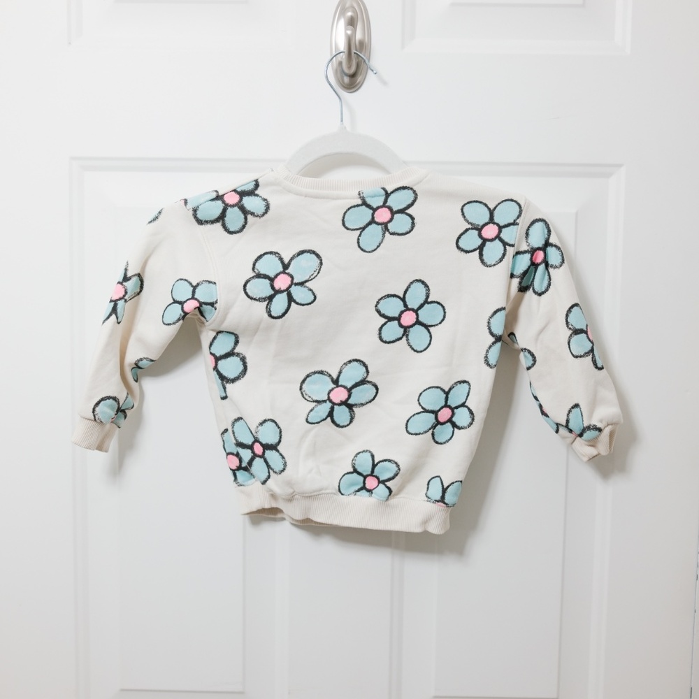 Zara Floral Pattern Long Sleeve Sweatshirt White Blue Kids Size 2-3 - Picture 3 of 3